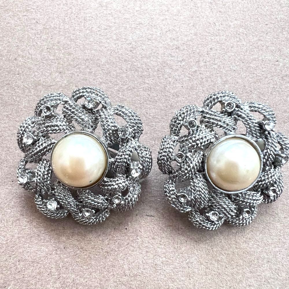 Vintage Pearl Rhinestone Clip-On Earrings Silver Filigree Bridal Statement Retro